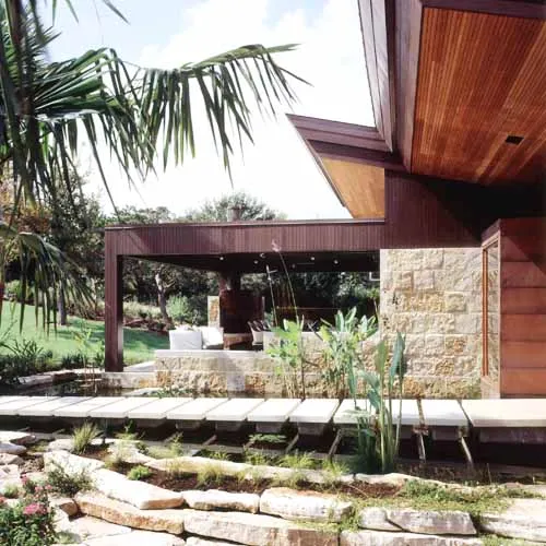 Limestone Slabs At Entry Over Fish Pond